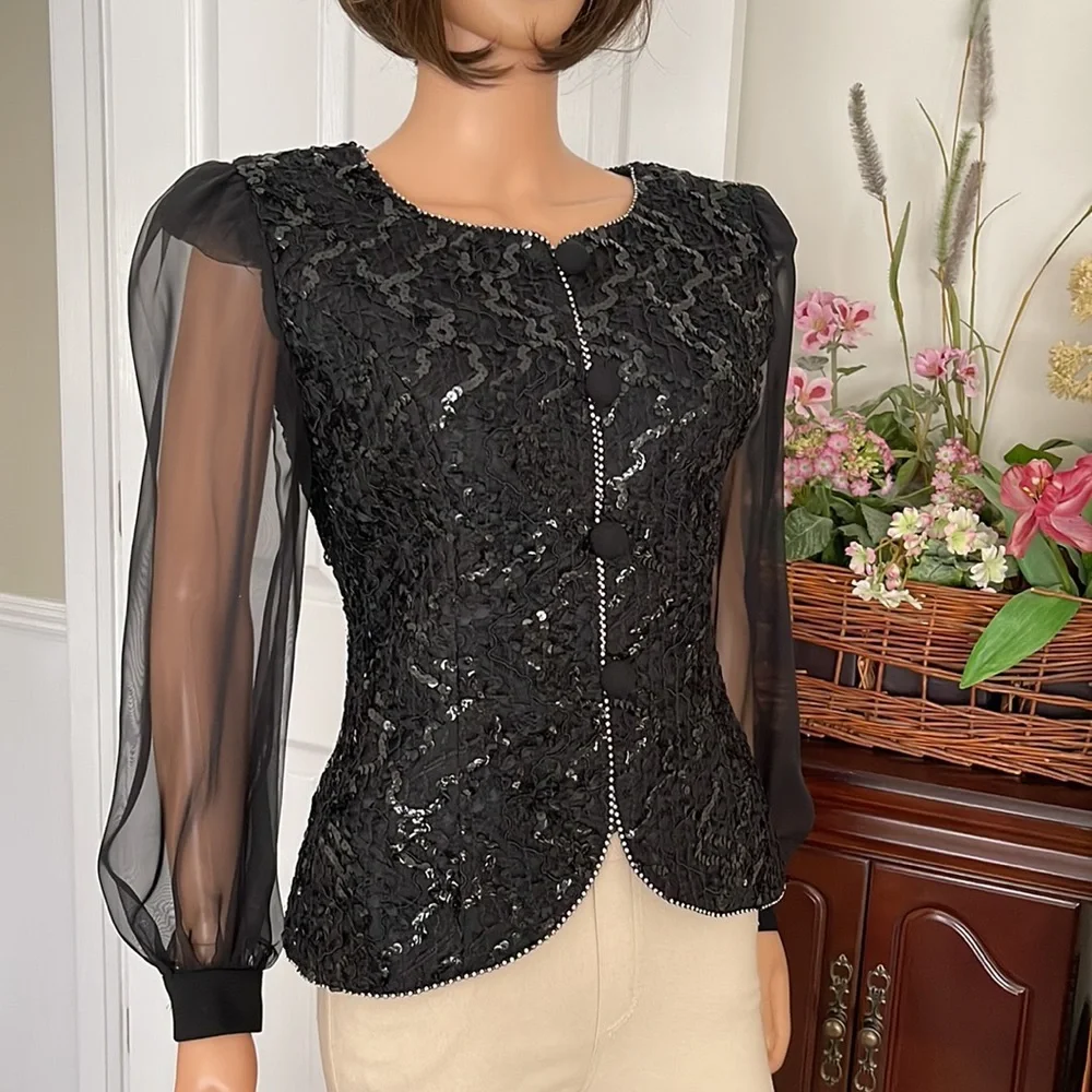 NWOT Vintage Black Sequin and Chiffon Statement Blouse J. Benjamin